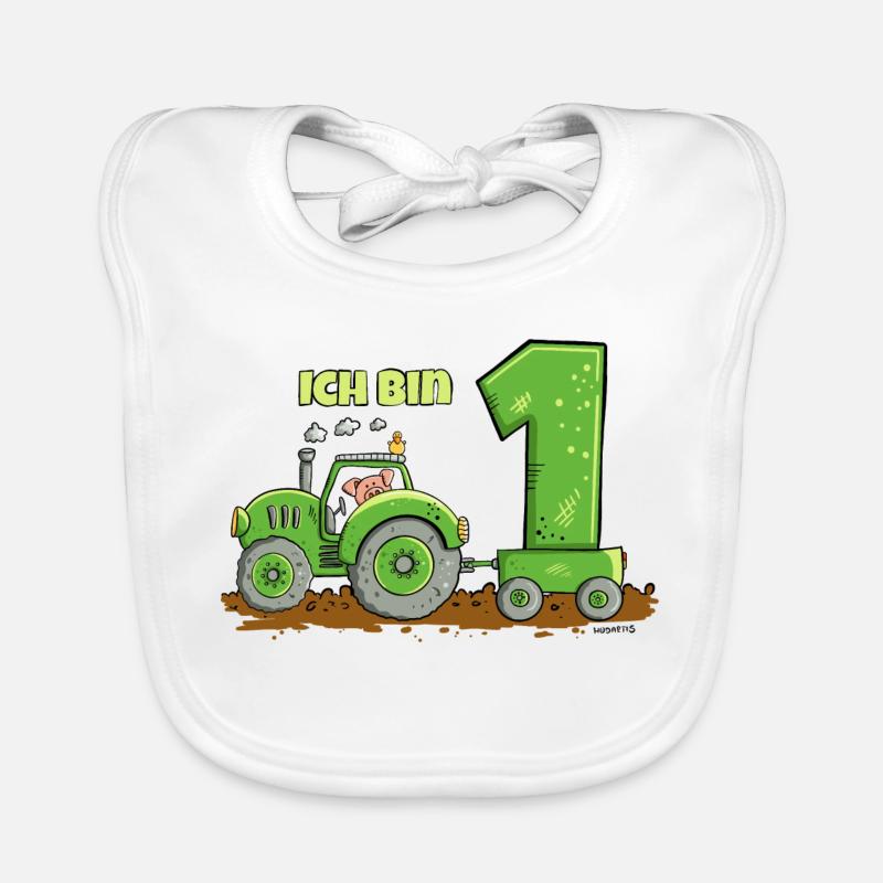 Ich bin Eins Traktor Mit Anhänger 1 Jahr Jungen Baby Bio-Lätzchen