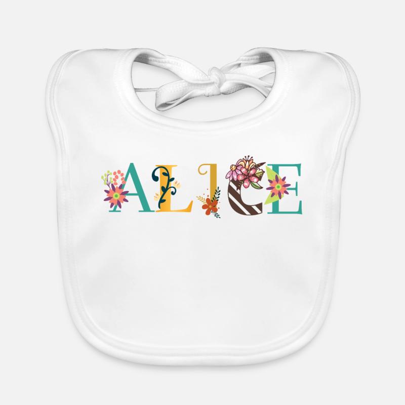 Art du nom ALICE avec des fleurs brodées Bavoir bio Bébé