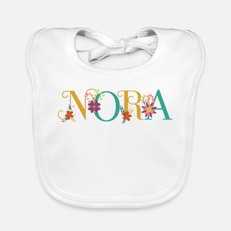 Art du nom NORA avec des fleurs brodées Bavoir bio Bébé
