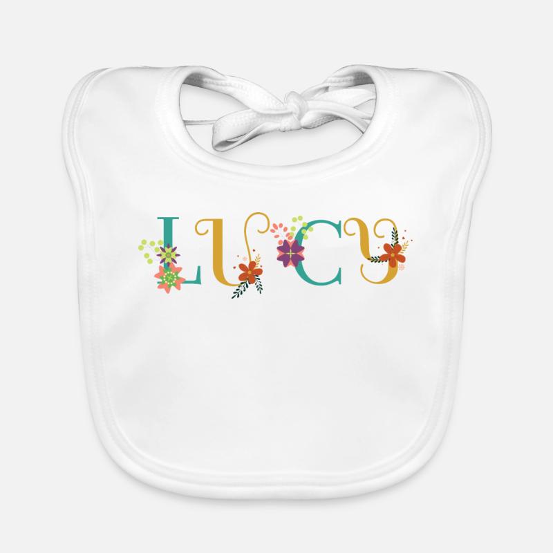 Art du nom LUCY avec des fleurs brodées Bavoir bio Bébé