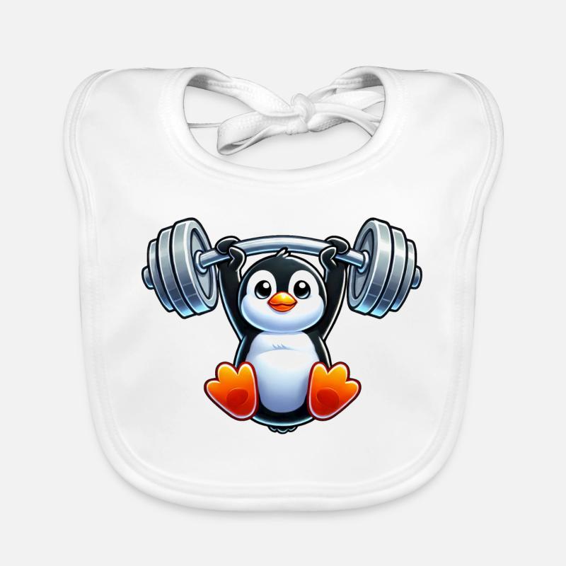 Pingouin de dessin animé mignon avec tête de traction d’haltères Bavoir bio Bébé
