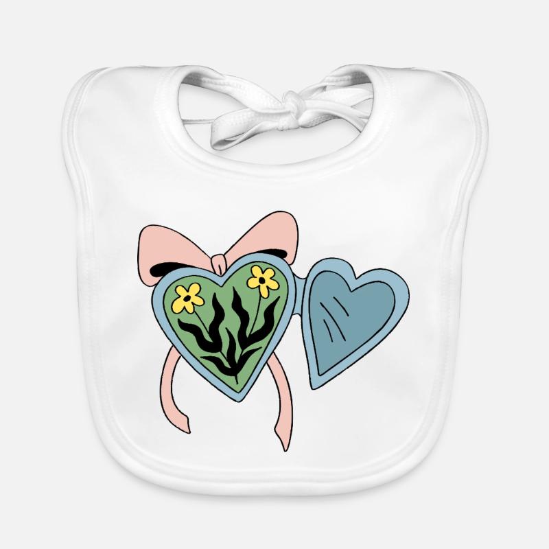 Médaillon fleur avec ruban coeur - Bavoir bio Bébé - blanc