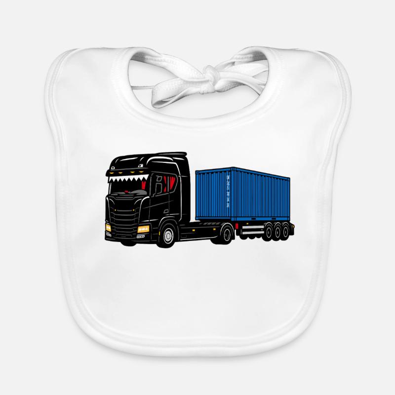 Container-Trucker auf Achse mit der Büchse. Baby Bio-Lätzchen