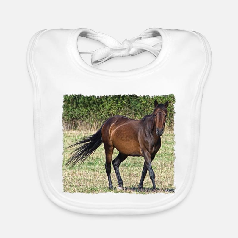 Cheval brun au pas dans une prairie Bavoir bio Bébé