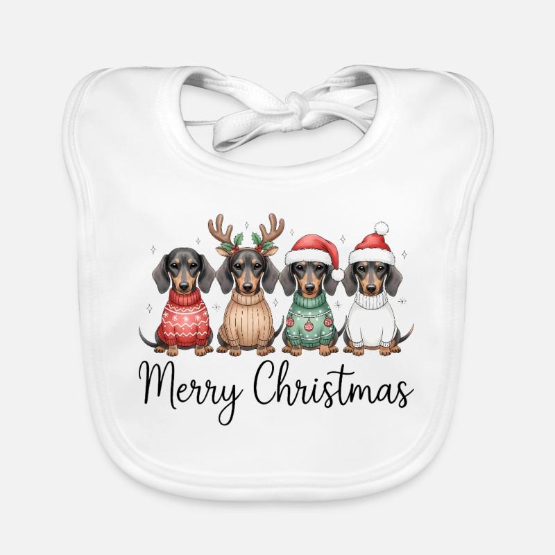 Vier Dackel, Dachshunde in Weihnachtspullover Baby Bio-Lätzchen