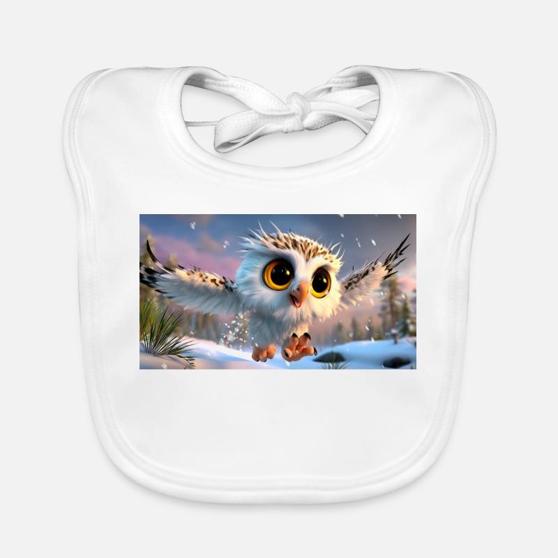Fluffy snowy owl with googly eyes in flight Organic Baby Bibs