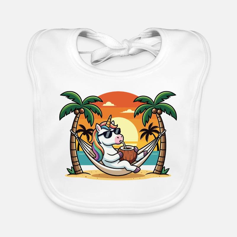 Funny Unicorn on Beach Hammock Summer Vacation Organic Baby Bibs