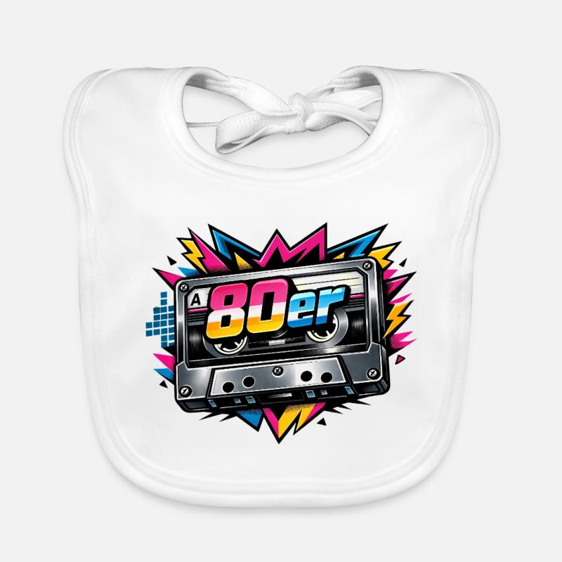 80s Retro Cassette Neon - Organic Baby Bibs - white