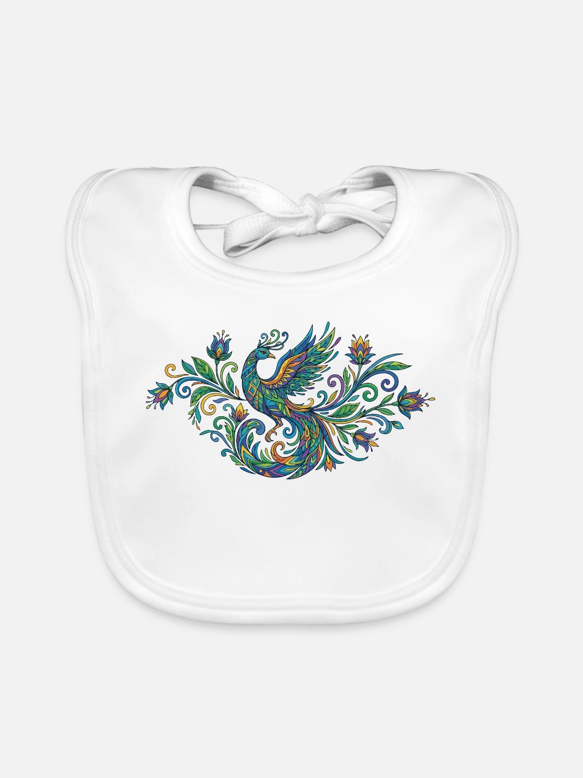 Bunter Pfau Phönix im Jugendstil - Baby Bio-Lätzchen - Weiß - Vorne
