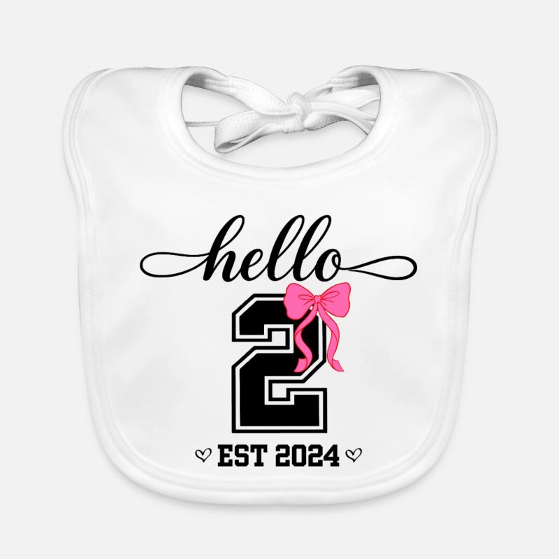 Hello 2 Est 2024 Pink Bow Design Organic Baby Bibs