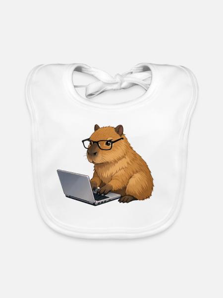 Capybara on the laptop - Organic Baby Bibs - white - Front