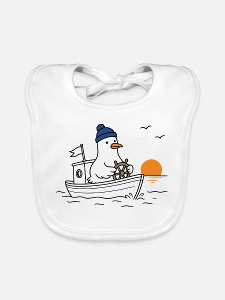 Möwe auf Boot im Sonnenuntergang - Baby Bio-Lätzchen - Weiß