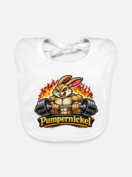 Pumpernickel – Muskelhase beim Krafttraining - Baby Bio-Lätzchen - Weiß