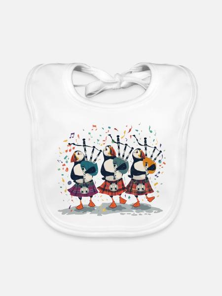 Puffin-Dudelsack-Trio in Kilts - Baby Bio-Lätzchen - Weiß - Vorne