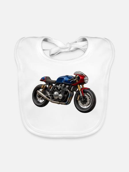 Café Racer Kunstmotorrad BlauRot Gold - Baby Bio-Lätzchen - Weiß - Vorne