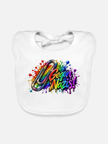 Gegen Nazis Regenbogen  Briefklammer Büroklammer - Baby Bio-Lätzchen - Weiß - Vorne