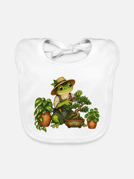Frosch beim Bonsaischnitt - Baby Bio-Lätzchen - Weiß - Vorne