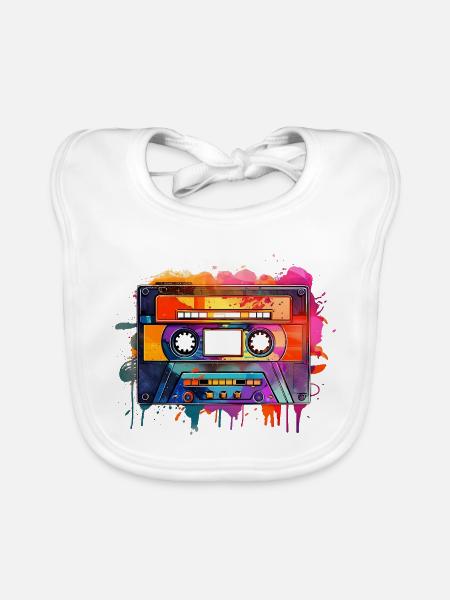 Retro-Kassetten-Audioband Vintage, 70er, 80er, 90er, - Baby Bio-Lätzchen - Weiß - Vorne