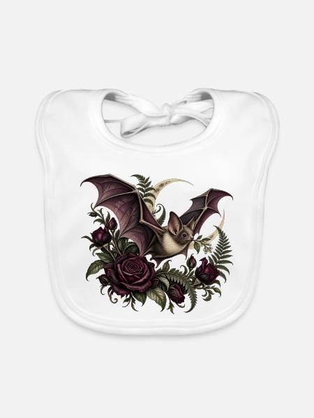 Gothic-Fledermaus mit dunklen Rosen - Baby Bio-Lätzchen - Weiß