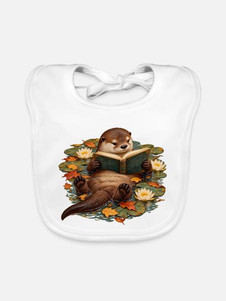 Otter liest im Herbstteich - Baby Bio-Lätzchen - Weiß - Vorne