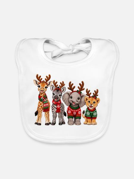 Safari Tiere mit Rentiergeweih zu Weihnachten - Baby Bio-Lätzchen - Weiß - Vorne