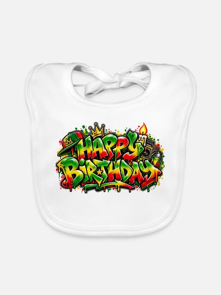 Herzlichen Glückwunsch zum Geburtstag Graffiti Rasta: Nur gute Stimmung! - Baby Bio-Lätzchen - Weiß - Vorne