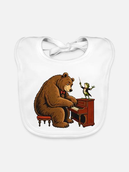 Bär & Frosch am Klavier – Lustiges Musikmotiv - Baby Bio-Lätzchen - Weiß - Vorne