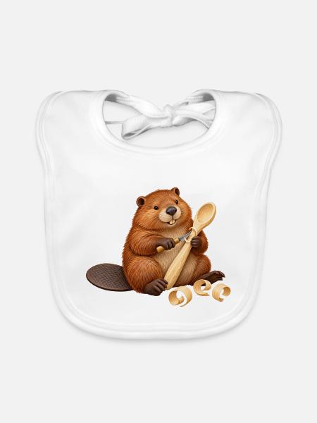 Biber schnitzt einen Holzlöffel - Baby Bio-Lätzchen - Weiß - Vorne