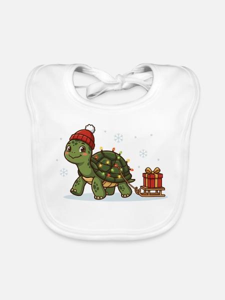 Weihnachts-Schildkröte mit Lichterkette - Baby Bio-Lätzchen - Weiß - Vorne
