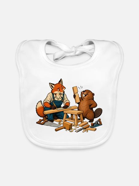 Fuchs und Biber beim Heimwerken – Handwerkerduo - Baby Bio-Lätzchen - Weiß