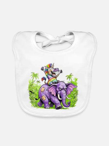 Regenbogen Zebra-Einhorn auf Lila Elefantenritt - Baby Bio-Lätzchen - Weiß - Vorne