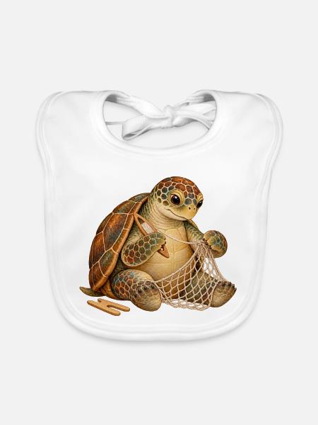 Schildkröte flickt ein Fischernetz - Baby Bio-Lätzchen - Weiß - Vorne