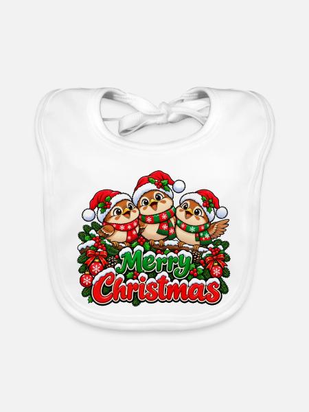 Drei Meisen Frohe Weihnachten - Baby Bio-Lätzchen - Weiß - Vorne