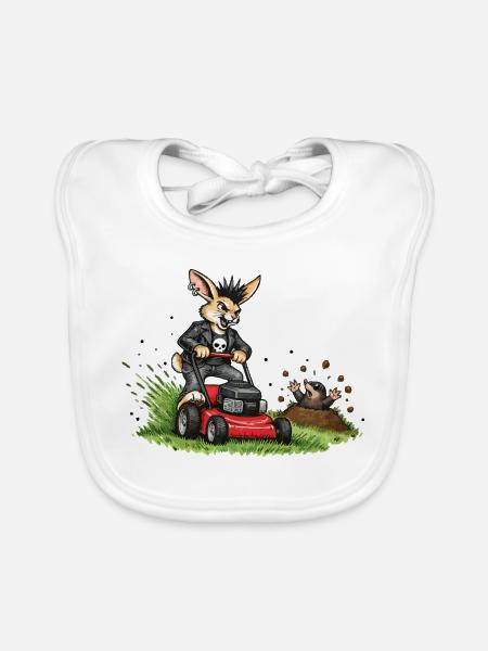 Hase auf Rasenmäher – witziges Waldduo - Baby Bio-Lätzchen - Weiß - Vorne