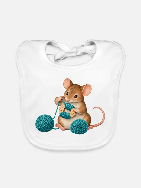 Maus wickelt einen Wollpompon - Baby Bio-Lätzchen - Weiß - Vorne