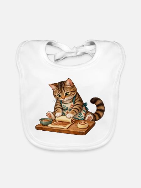 Katze rollt Zimtschnecken - Baby Bio-Lätzchen - Weiß - Vorne