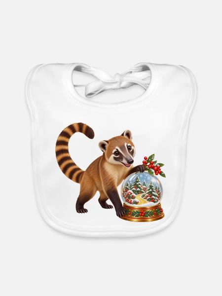 Nasenbär mit winterlicher Beerenwald-Schneekugel - Baby Bio-Lätzchen - Weiß - Vorne