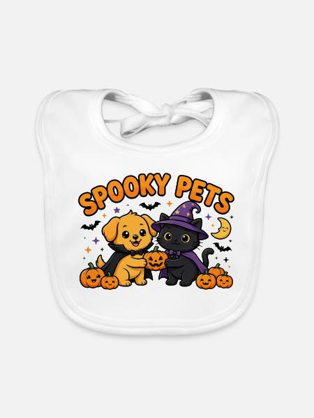 🎃 Gruselige Haustiere – Halloween-Katze und -Hund - Baby Bio-Lätzchen - Weiß - Vorne