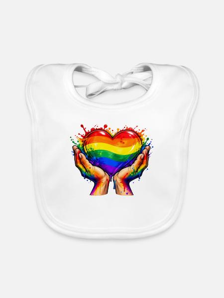 Regenbogenherz in schimmernden Händen - Baby Bio-Lätzchen - Weiß - Vorne