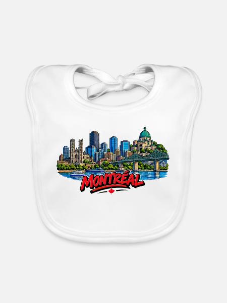 Montreal Skyline mit rotem Schriftzug - Baby Bio-Lätzchen - Weiß - Vorne