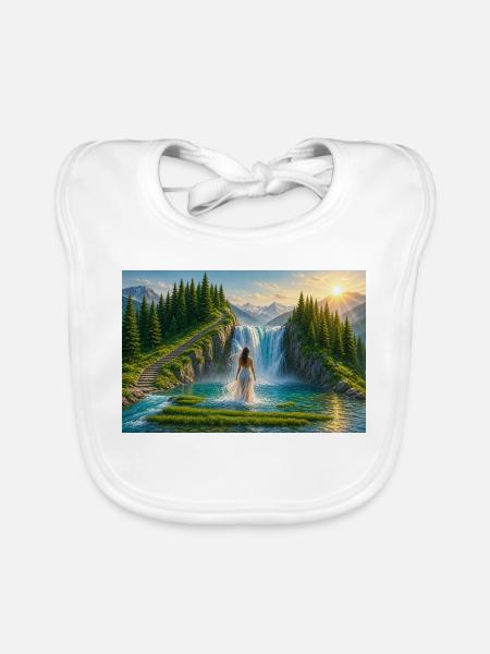 Traumhafter Wasserfall in der Berglandschaft - Baby Bio-Lätzchen - Weiß