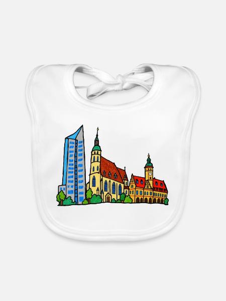 Bunte Leipziger Skyline im Kinderstil - Baby Bio-Lätzchen - Weiß