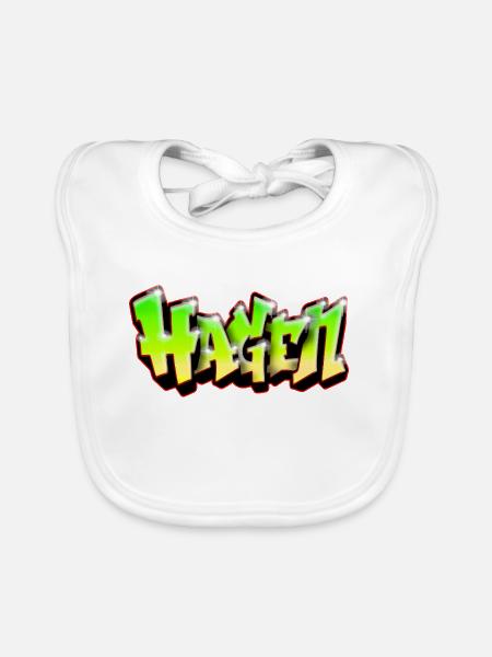 HAGEN Neon-Graffiti-Name! Old School Tag-Kunst - Baby Bio-Lätzchen - Weiß - Vorne