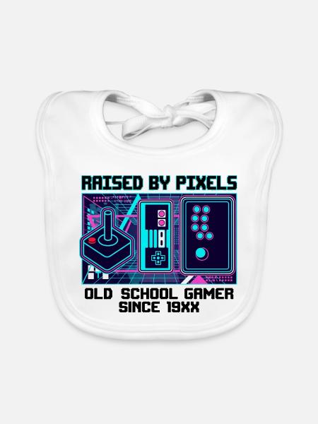 Raised By Pixels – Old School Gamer - Baby Bio-Lätzchen - Weiß - Vorne