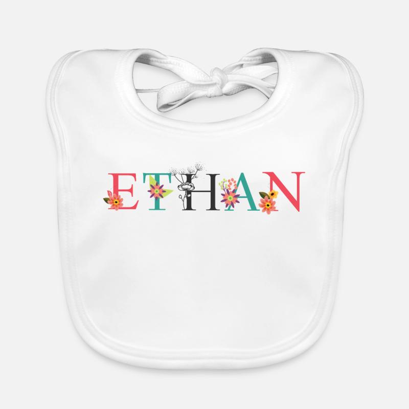 ETHAN Name Art avec des fleurs brodées Bavoir bio Bébé