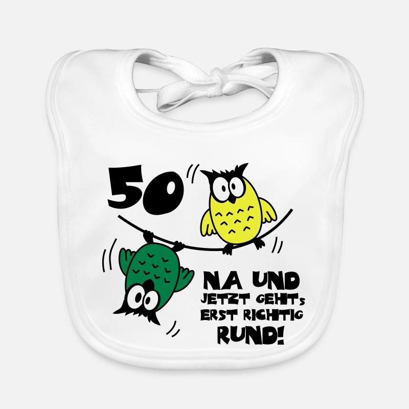 Geburtstag 50, Eulen am Drahtseil, rund Baby Bio-Lätzchen