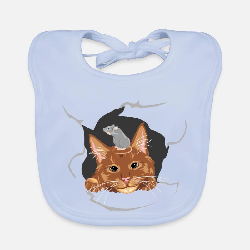 Katze und graue Maus lugen durch eine kaputte Wand Baby Bio-Lätzchen