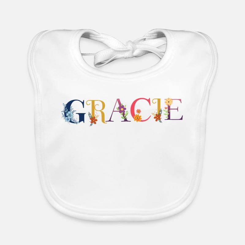 Le nom de GRACIE est décoré de fleurs - Bavoir bio Bébé - blanc
