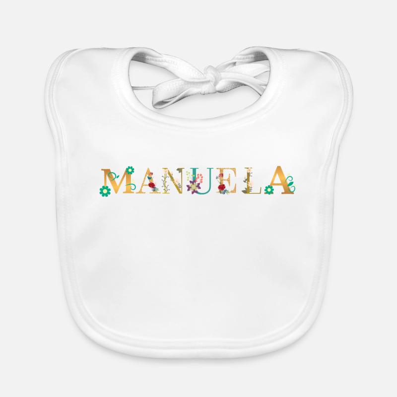 Le nom de MANUELA est orné de fleurs Bavoir bio Bébé