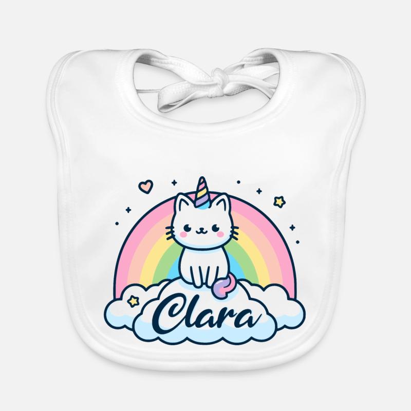 Clara Nom Prénom Licorne Chat - Bavoir bio Bébé - blanc